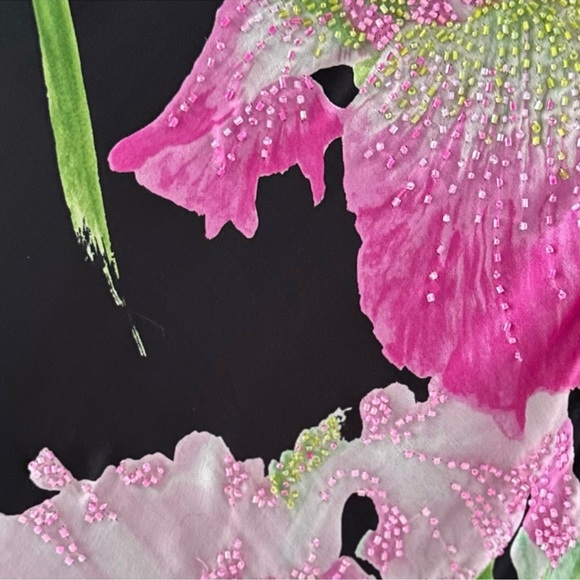 Carmen Marc Valvo Black Floral Print Draped Neck Embellished Silk Top Size 4 - Picture 3 of 8